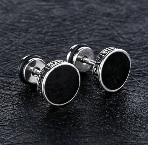 316L Surgical-Steel Greek Pattern Black Hypoallergenic Men & Women Stud Earrings